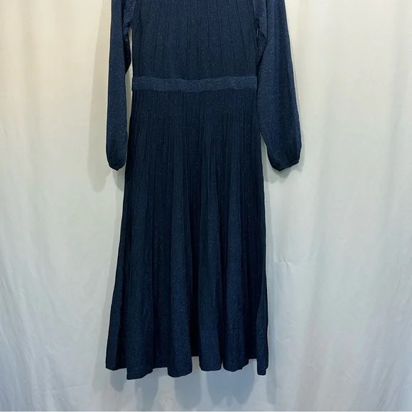 THE FOLD London Lumia Knitted Long Sleeve Pleated Midi Dress in Metallic Blue - Picture 10 of 16